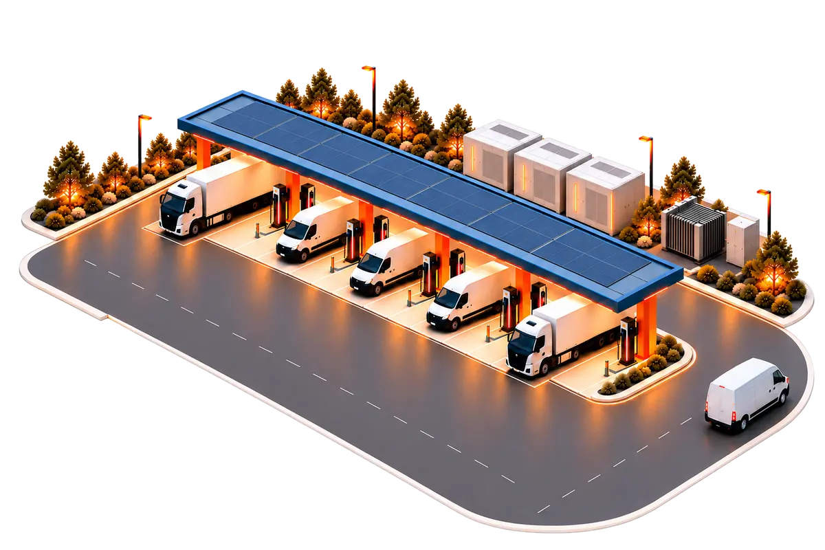 Ilustração de hub de recarga com cobertura solar, baterias e frota elétrica
